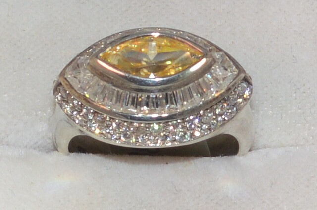 Yellow Marquis & White Baguette & Round CZ Sterling Silver Ring CSS174988