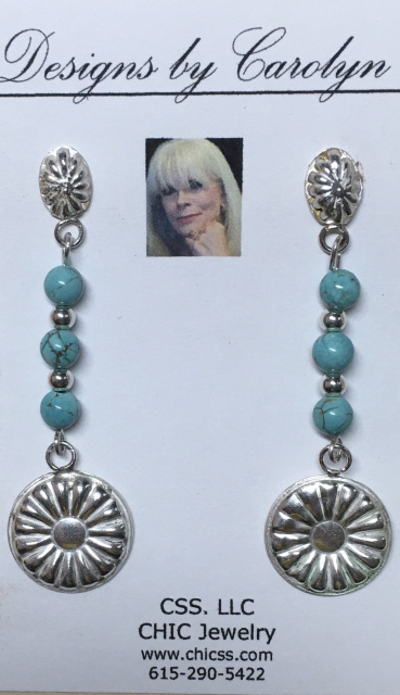 Turquoise & Fine Silver Concho Dangle Earrings CSS192E