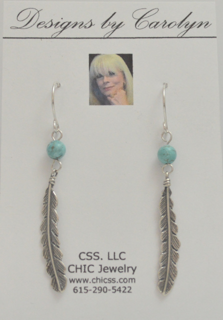Sky Blue Fire Turquoise  Sterling Silver Feather Dangle Earrings CSS169E