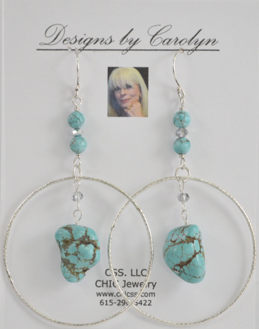 Sky Blue Fire Turquoise & Swarovski Crystal Sterling Silver Dangle Earrings CSS176E