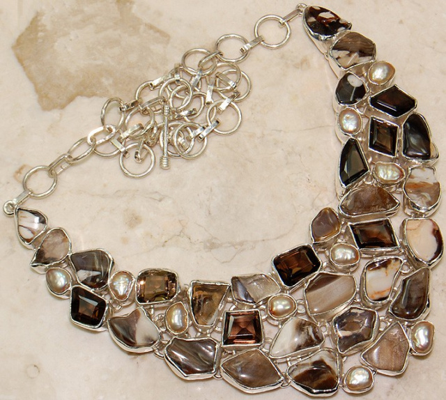 313 Carat Smoky Topaz, Peanut Wood Jasper, Biwa Pearl & 925 Solid Sterling Silver Necklace  CSS1000N