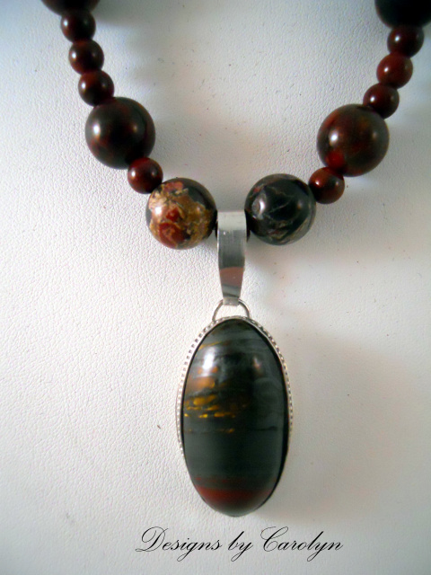 Tigers Eye/Jasper Sterling Silver Pendant on Poppy Jasper Beaded Necklace  CSS131N