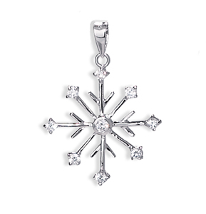 Rhodium Plated 8 Point Snowflake/9 CZ Pendant  72670