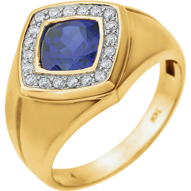14kt Yellow Men's Created Blue Sapphire & .025 CTW Diamond Ring   651638:100:P